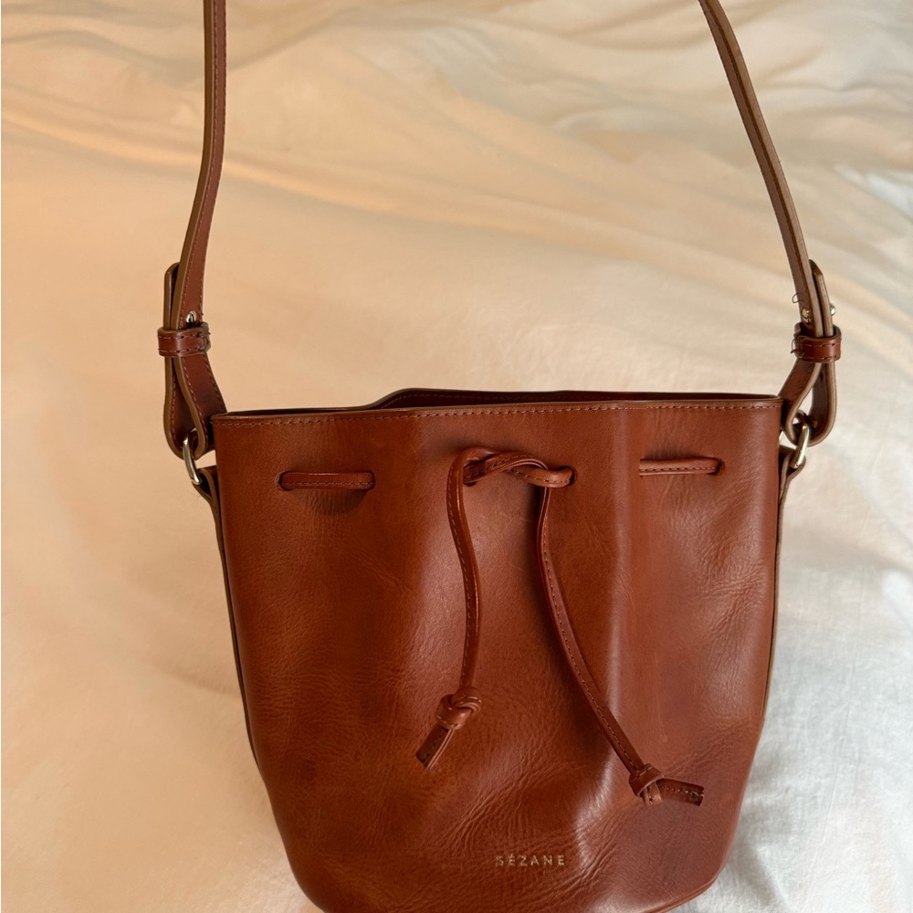 Sezane Cognac Leather Drawstring Crossbody